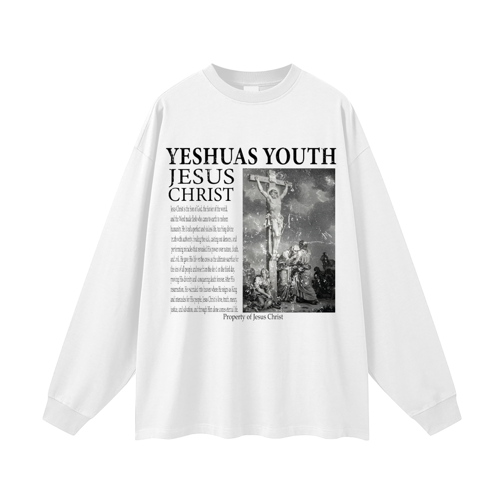 DESCRIPTION OF JESUS OVERSIZED UNISEX LONG SLEEVE TEE (WHITE)