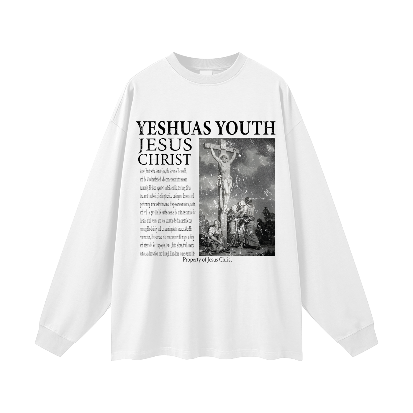 DESCRIPTION OF JESUS OVERSIZED UNISEX LONG SLEEVE TEE (WHITE)